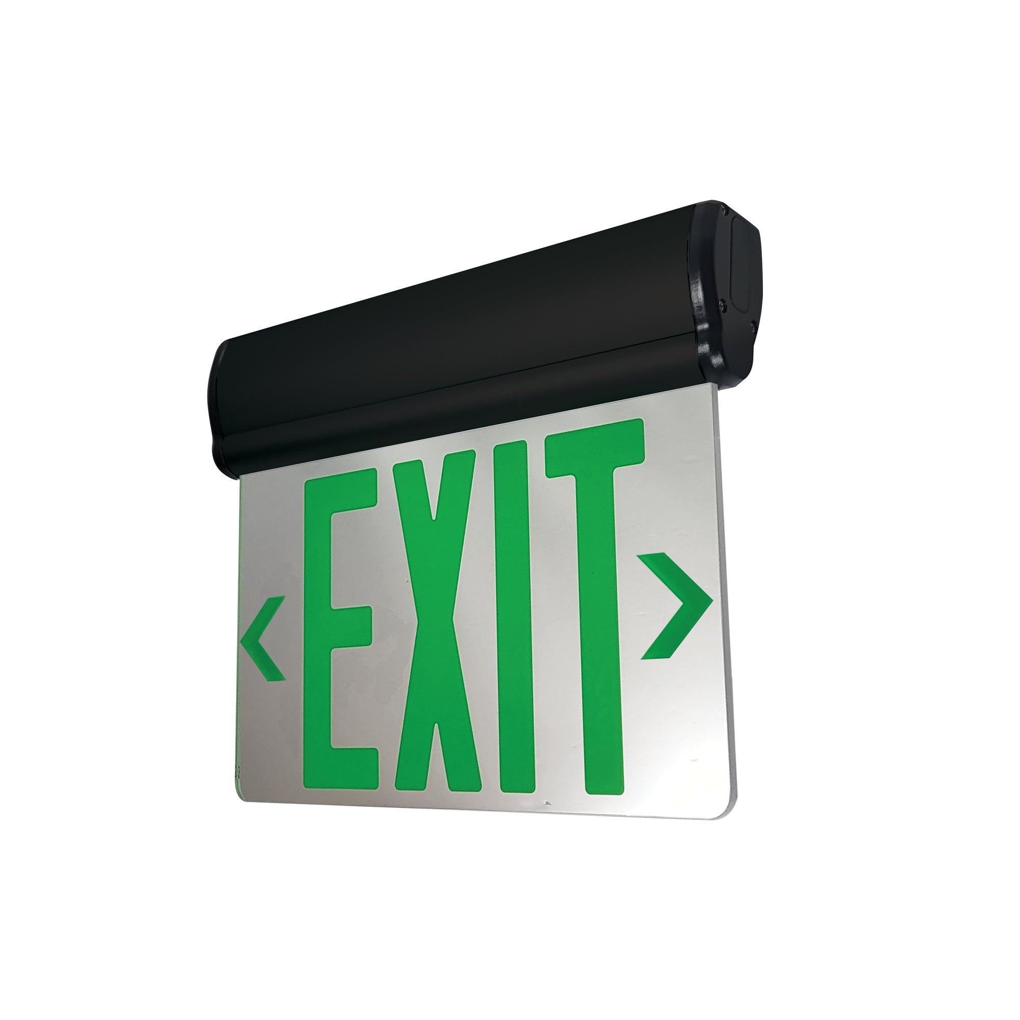 Nora Lighting NX-810-LEDGMB - Exit / Emergency - Surface Adjustable LED Edge-Lit Exit Sign, AC Only, 6 Inch Green Letters, Single Face / Mirrored Acrylic, Black Housing