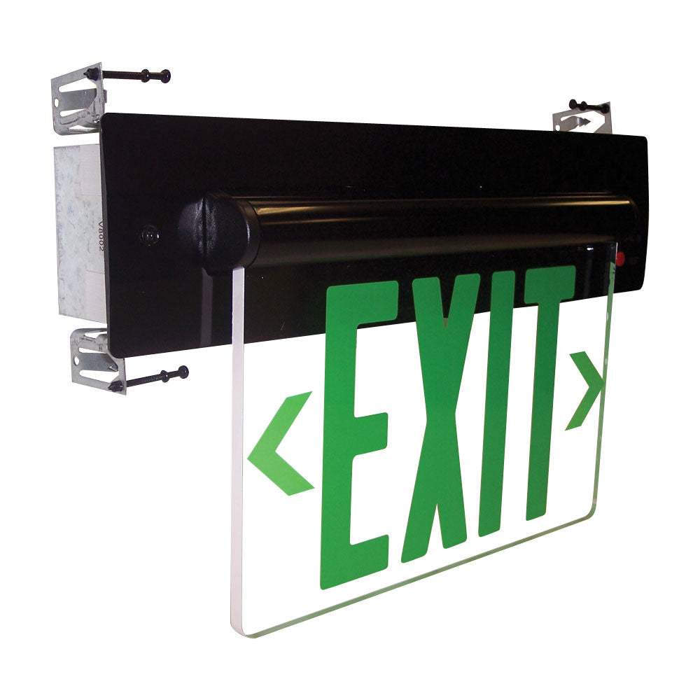 Nora Lighting NX-813-LEDGCB - Exit / Emergency - Recessed Adjustable LED Edge-Lit Exit Sign, AC Only, 6 Inch Green Letters, Single Face / Clear Acrylic, Black Housing