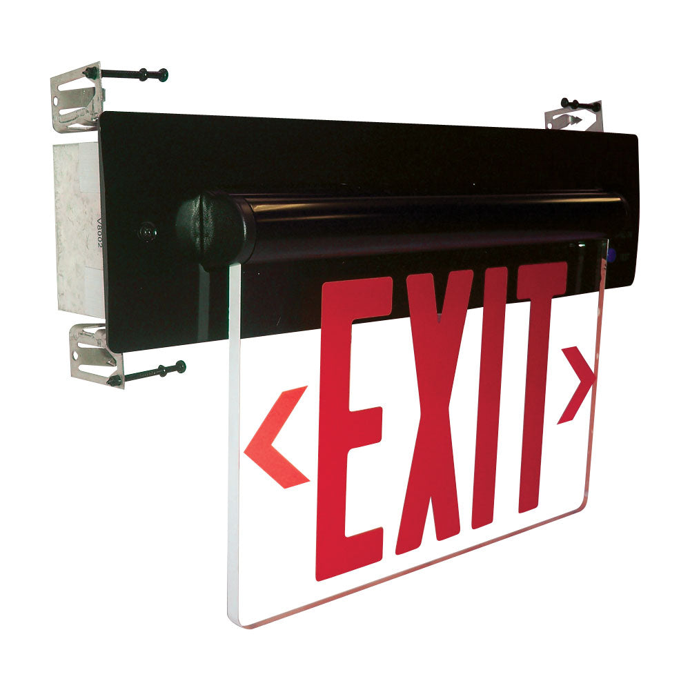Nora Lighting NX-814-LEDRCB - Exit / Emergency - Recessed Adjustable LED Edge-Lit Exit Sign, 2 Circuit, 6 Inch Red Letters, Single Face / Clear Acrylic, Black Housing